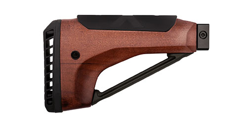 WOOX 1913 Woody Stock to klasyczny, ergonomiczny uchwyt z drewna orzechowego, montowany na standardowej szynie M1913, z regulowanym podparciem policzka i pad'em absorbującym odrzut.